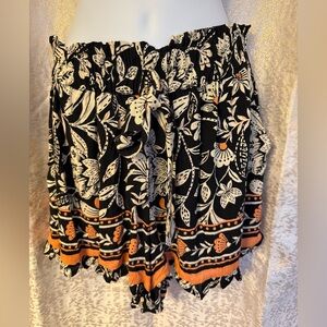 Angie Black Floral Shorts with Cream Print and Orange Accents